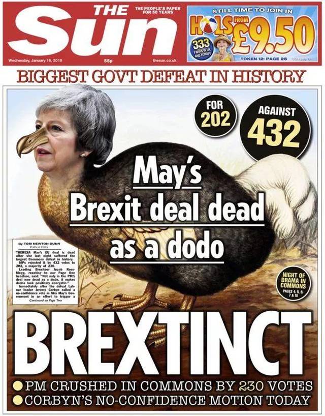 mrs may"s brexit deal as "dead as a dodo suggests the sun