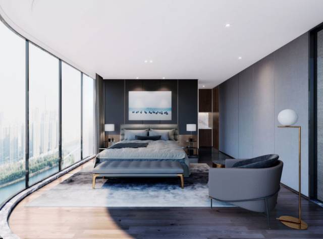 卧室设计全部为套房,主卧更是具有 超50平的空间,配备270°的弧形落地
