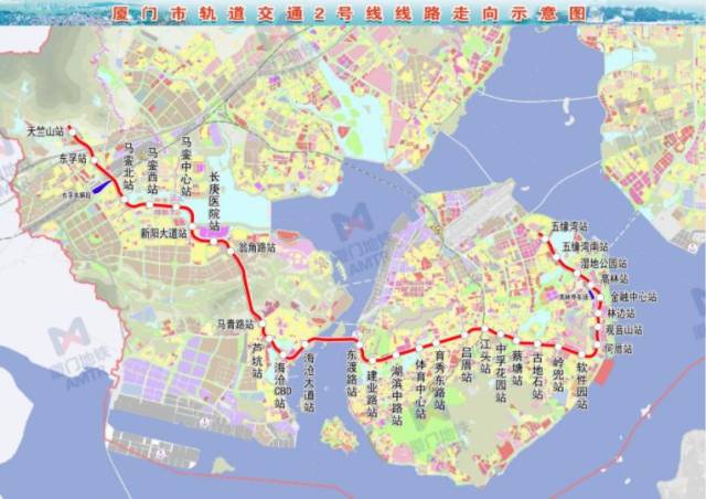 厦门地铁2号线起自本岛东部五缘湾,终于海沧区天竺山,线路全长41.