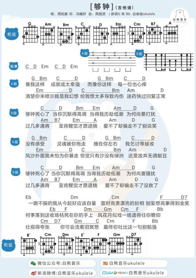 一首很动听的粤语金曲〈够钟〉周柏豪/尤克里里&吉他弹唱谱
