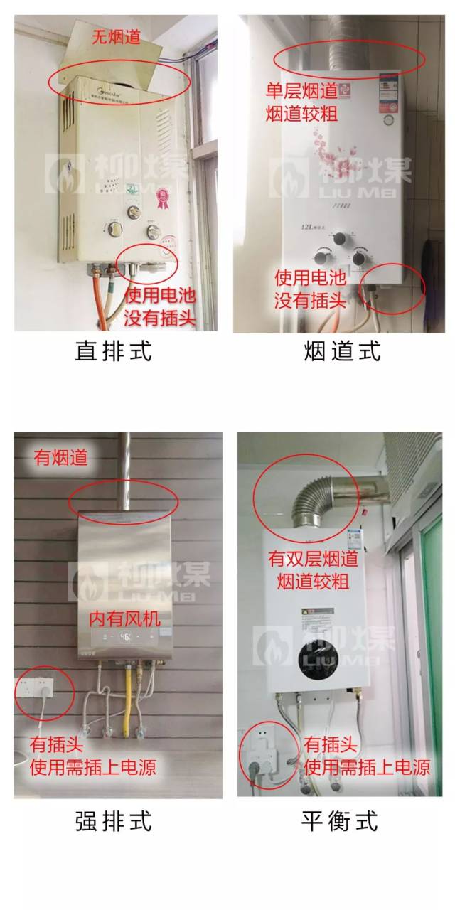 概括起来,四种类型热水器的主要特点: 直排式:没有烟道,通常用电池.