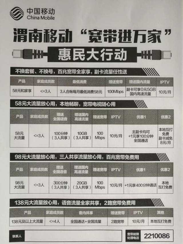 【移动宽带】  移动宽带新年活动! 1.58以上套餐用户百兆宽带免费送!