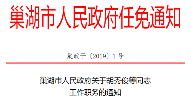 巢湖市政府发布人事任免通知,涉及这几个部门.