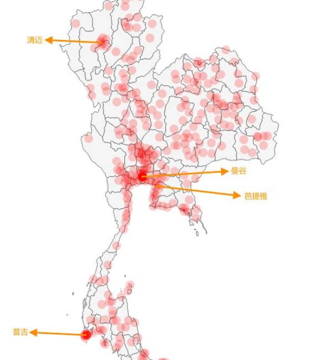 下图为泰国人口分布图,主要四个点就是曼谷,清