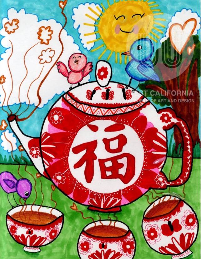 美国洛杉矶汪老师美术学院学生作品,《功"福"茶》,5岁