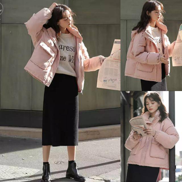 搭配look3:粉色羽绒服 包臀半身裙
