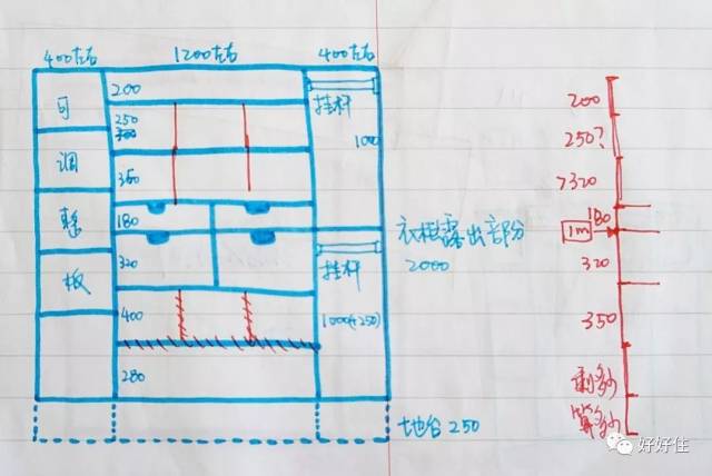 装修本子上的衣柜设计草图.