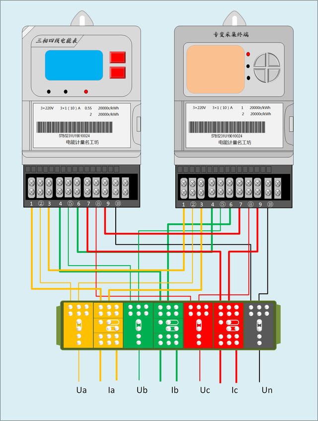 三相四线电能表组合接线示意图 (3*57.7v电能表 3*100v专变采集终端)