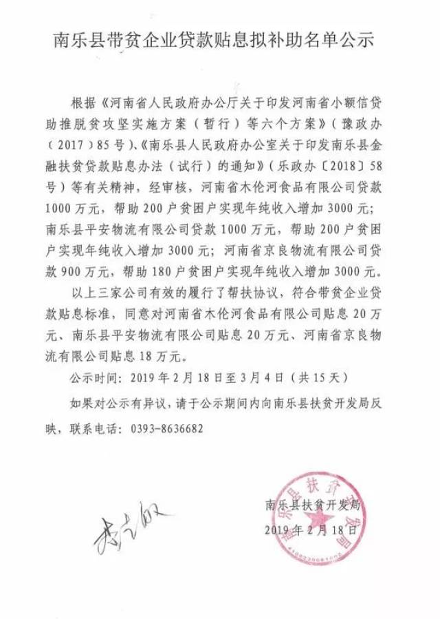 【公示公告】南乐县带贫企业贷款贴息拟补助名单公示