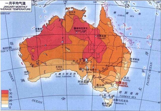澳大利亚1月均温平均值分布图
