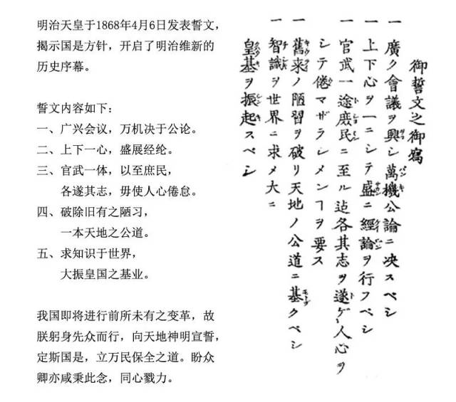 《五条誓文》曾许诺日本将在全世界范围内追求知识,以赶上发达国家.