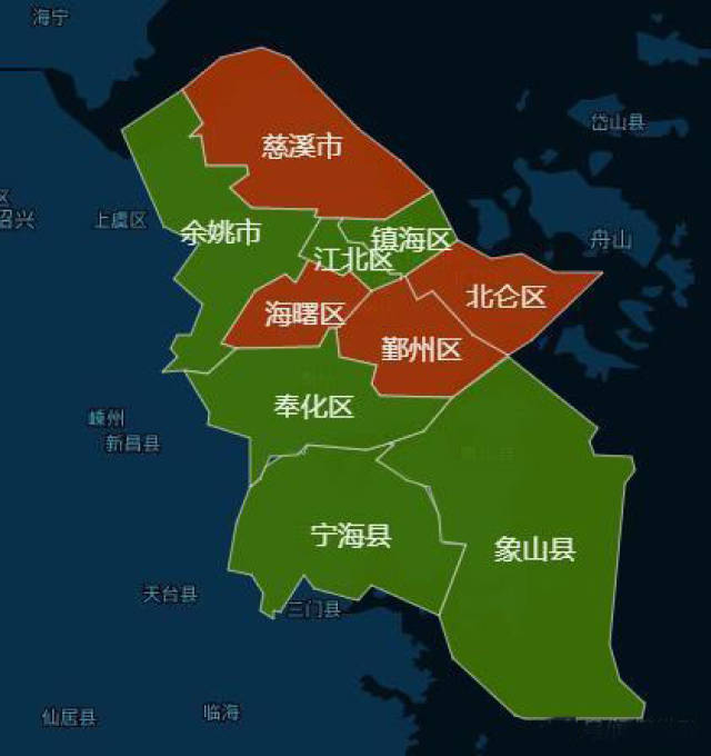 附:宁波下辖各区县(市)地图