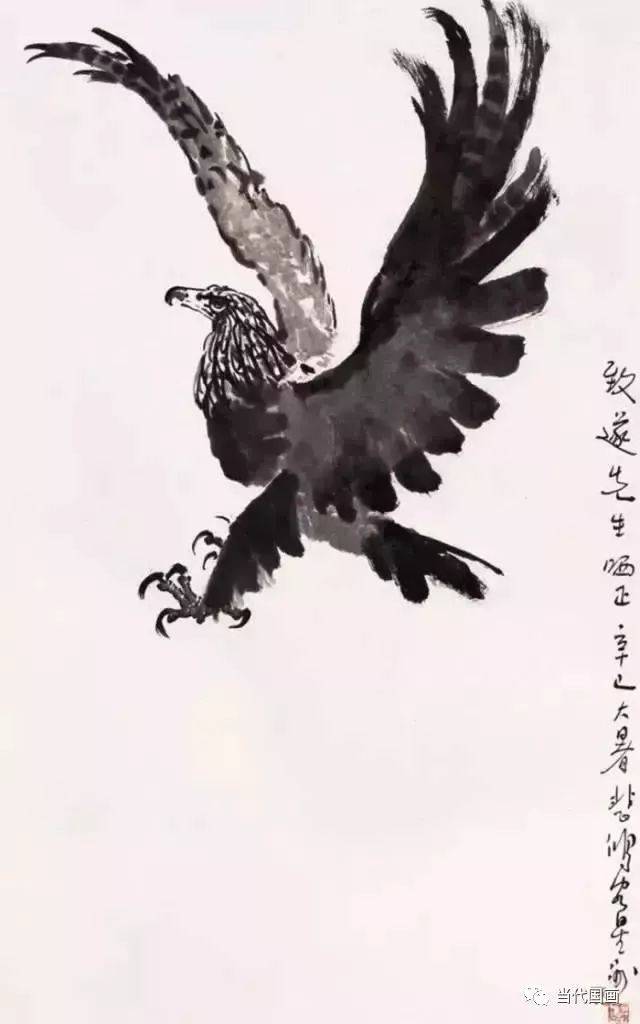 徐悲鸿画鹰,以没骨与勾勒相结合.