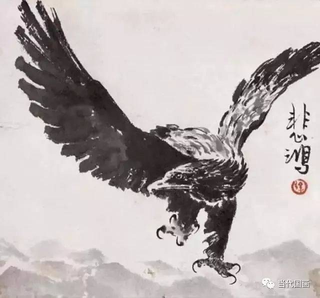 徐悲鸿画鹰,以没骨与勾勒相结合.