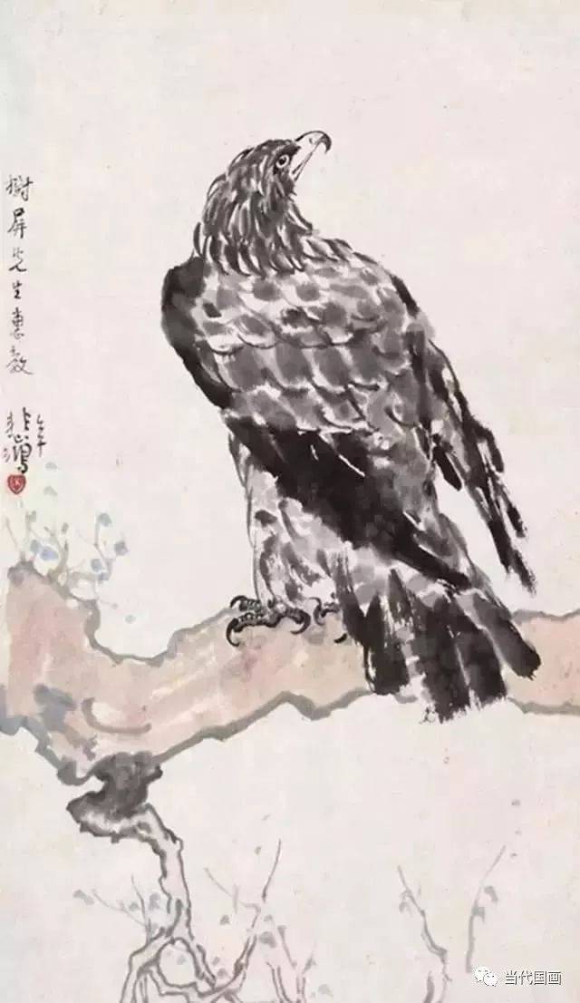 徐悲鸿画鹰,以没骨与勾勒相结合.