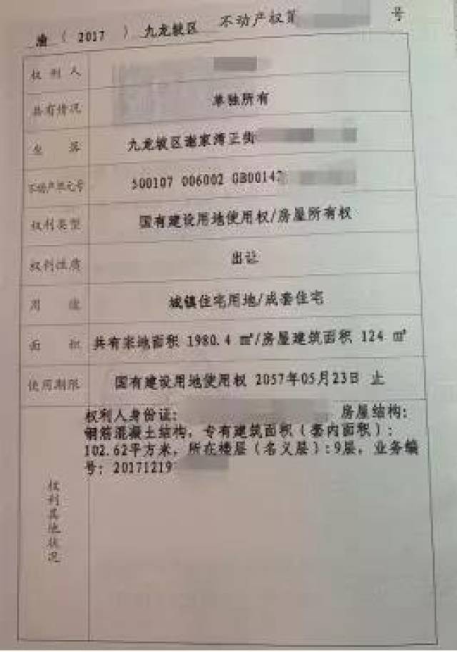 注:重庆市《不动产权证书》列示了"建筑面积"和"套内建筑面积",但未列