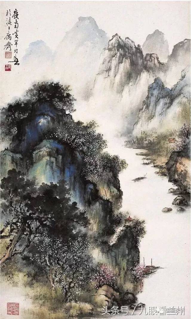 黄幻吾山水画作品,水墨,彩色熔铸一炉,功夫独到,刻划真切动人