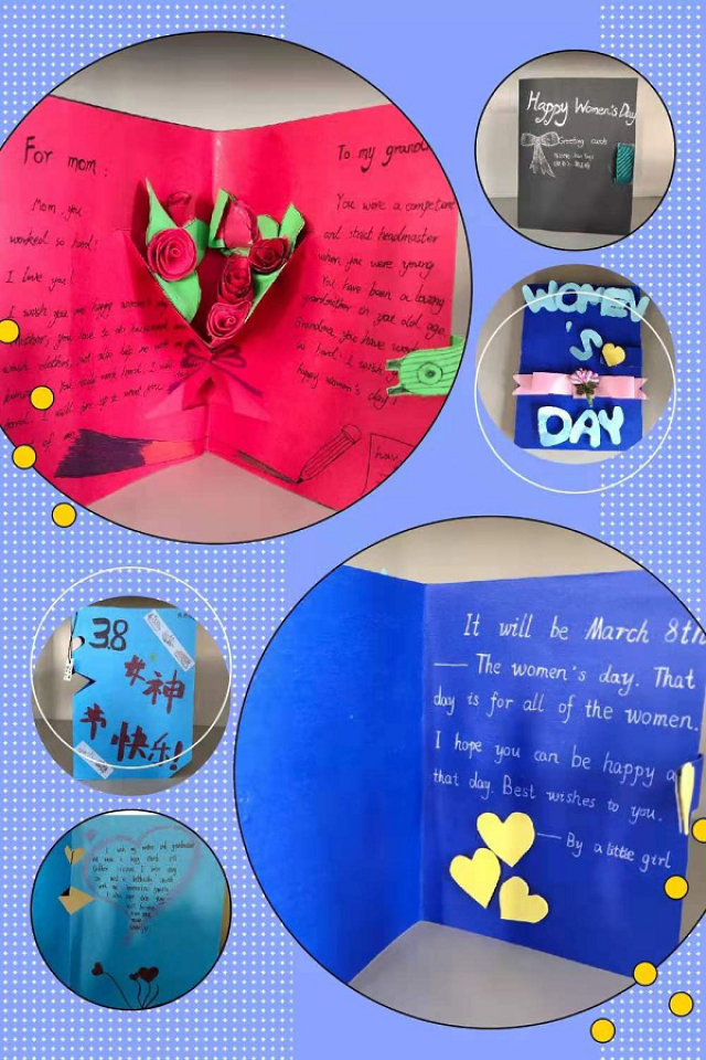 五六年级同学精心手工制作了礼物,如:贺卡,娃娃,书信等为老师和妈妈送