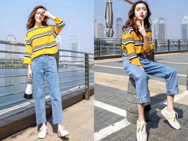 搭配look1,九分牛仔裤 条纹运动鞋