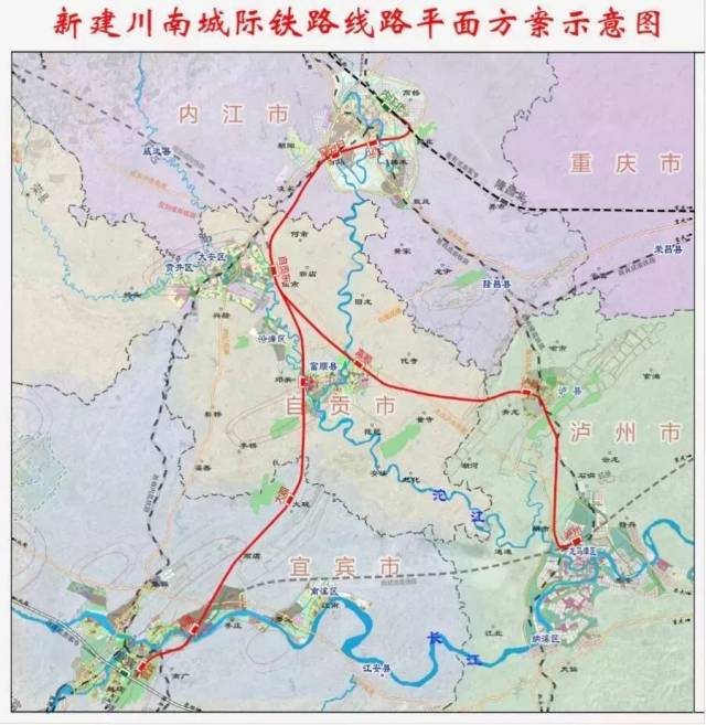 川南城际铁路分为内江至自贡至泸州铁路和自贡至宜宾铁路两段,铁路全