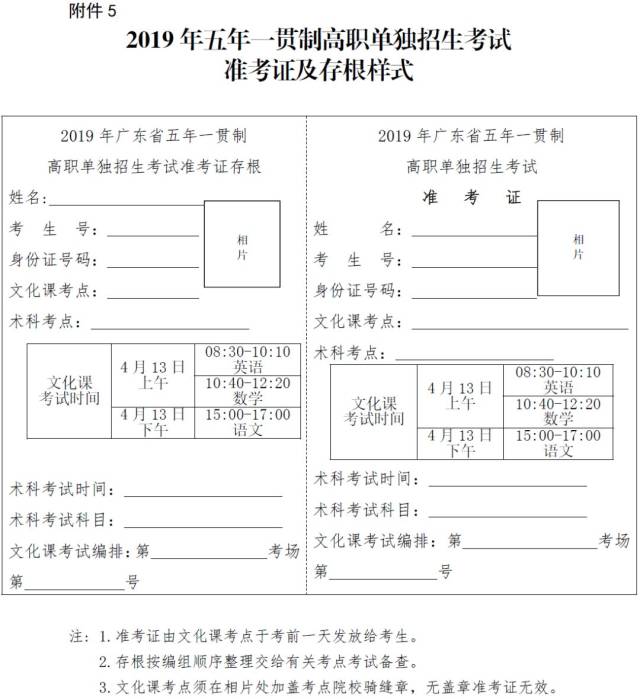 附件5:2019年五年一贯制高职单独招生考试准考证及存根样式