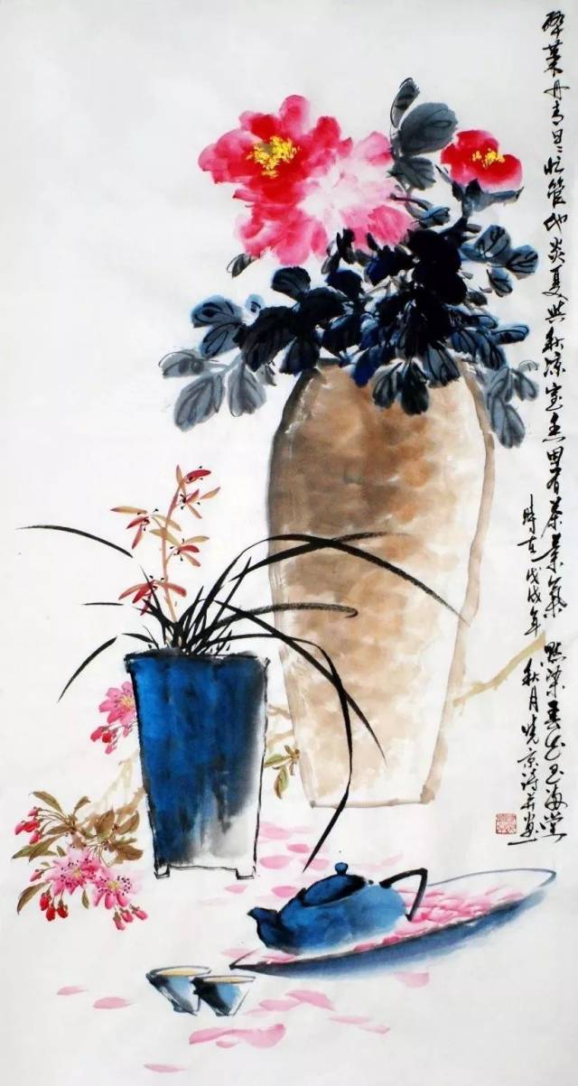 郑晓京花鸟作品 不须脂粉与胭红,卌载磨成老画工.