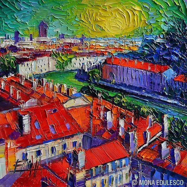 mona edulesco 的刮刀风景画就像梵高的""星月夜"" 月亮的表达与环境