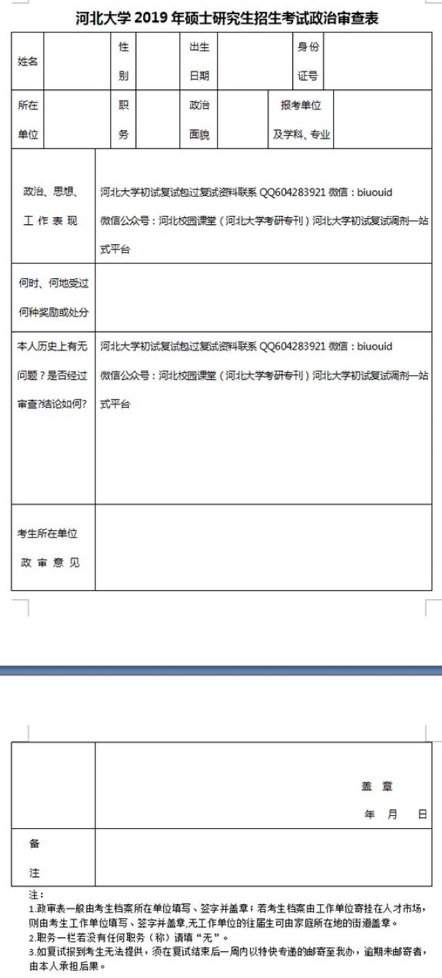 河北大学2019研究生复试政审表