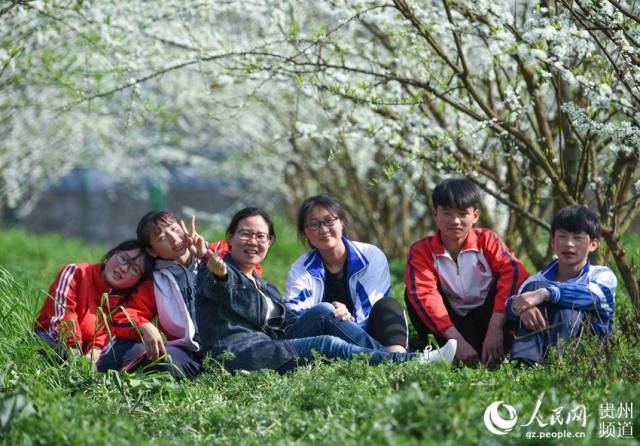 2019年3月20日,学生和老师在松桃苗族自治县孟溪镇安山村黄金蜜李基地