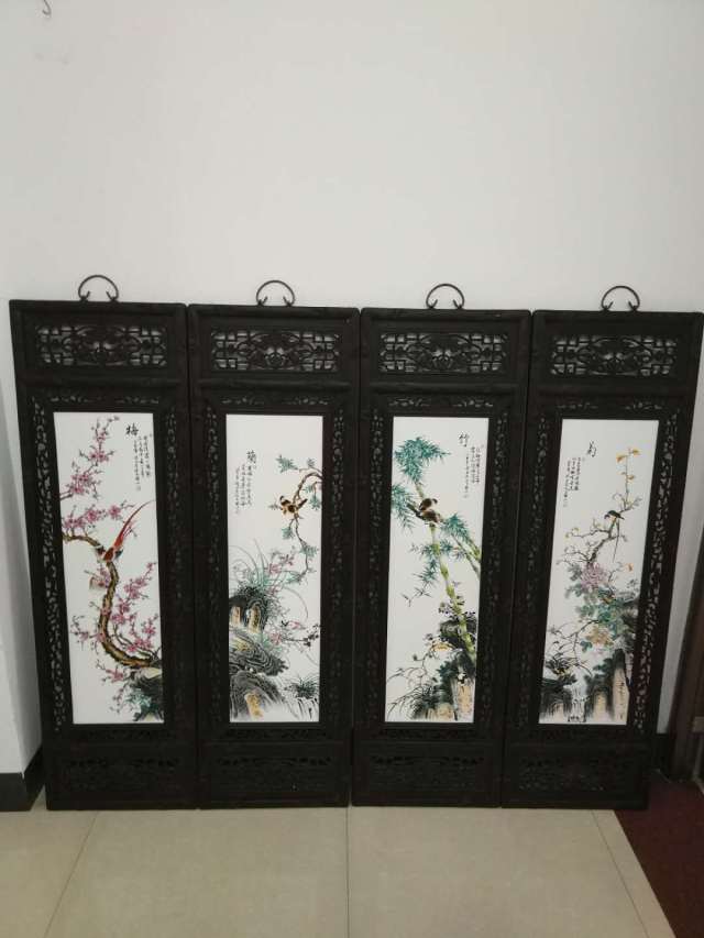 刘雨岑瓷板画梅兰竹菊四条屏图片赏析