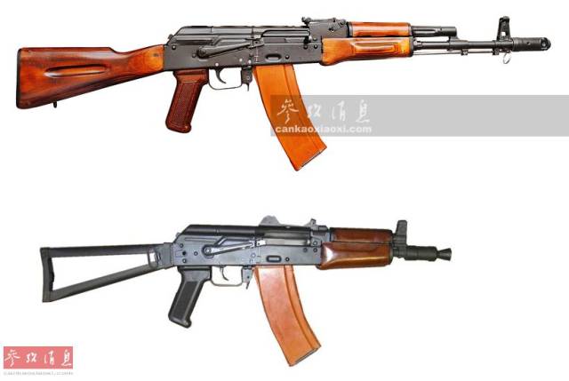 图为ak-74突击步枪(上)与aks-74u短突击步枪的外形尺寸对比.