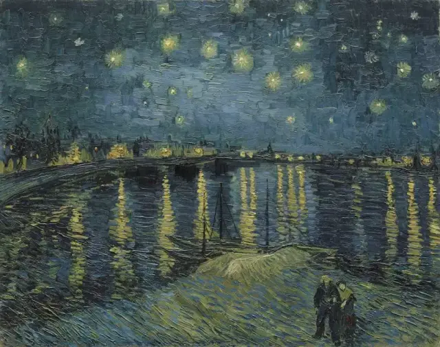 展品之中,有同为星空三部曲之一,展现星辰斑斓色彩的《罗纳河上的星夜