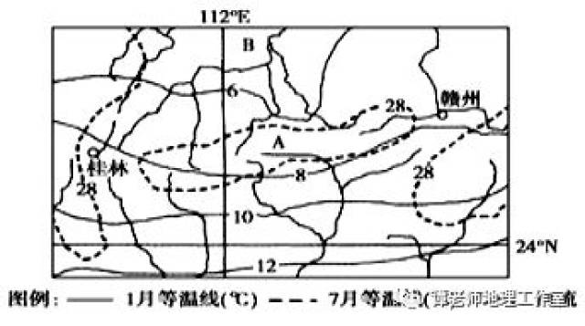 读我国某区域1月和7月等温线分布图.回答下列问题.