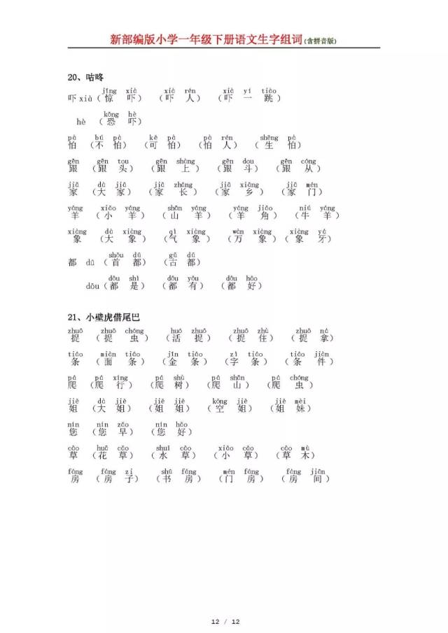 新部编版小学一年级下册语文生字组词(含拼音版),孩子