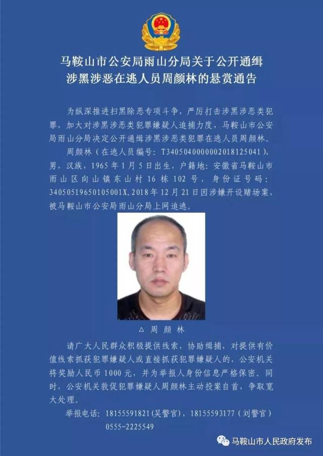 马鞍山市公安局雨山分局关于公开通缉涉黑涉恶在逃人员周颜林的悬赏