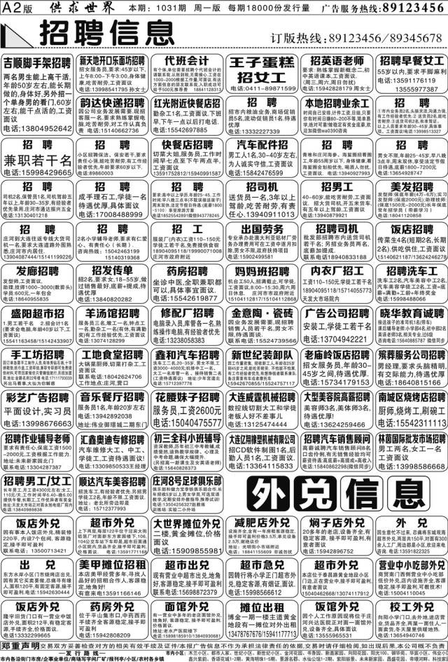 庄河供求世界报纸4月1日[第1031期]报纸阅读(附招聘)