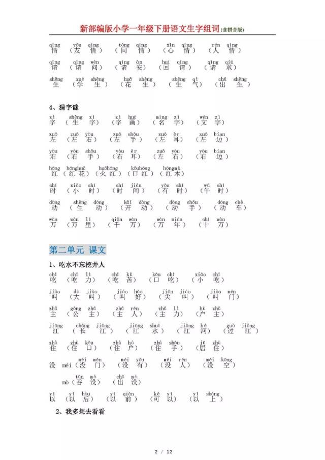 新部编版小学一年级下册语文生字组词(含拼音版),孩子