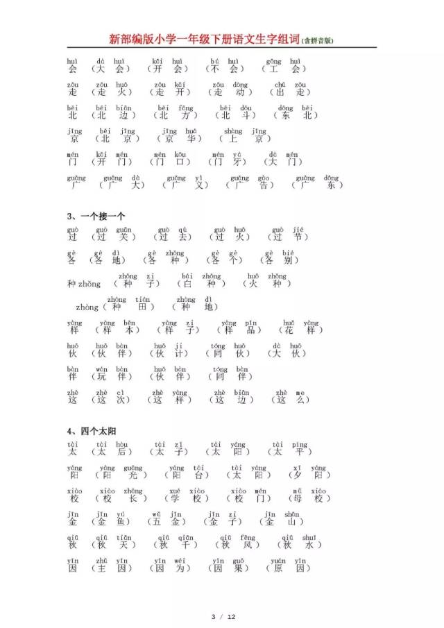 新部编版小学一年级下册语文生字组词(含拼音版),孩子