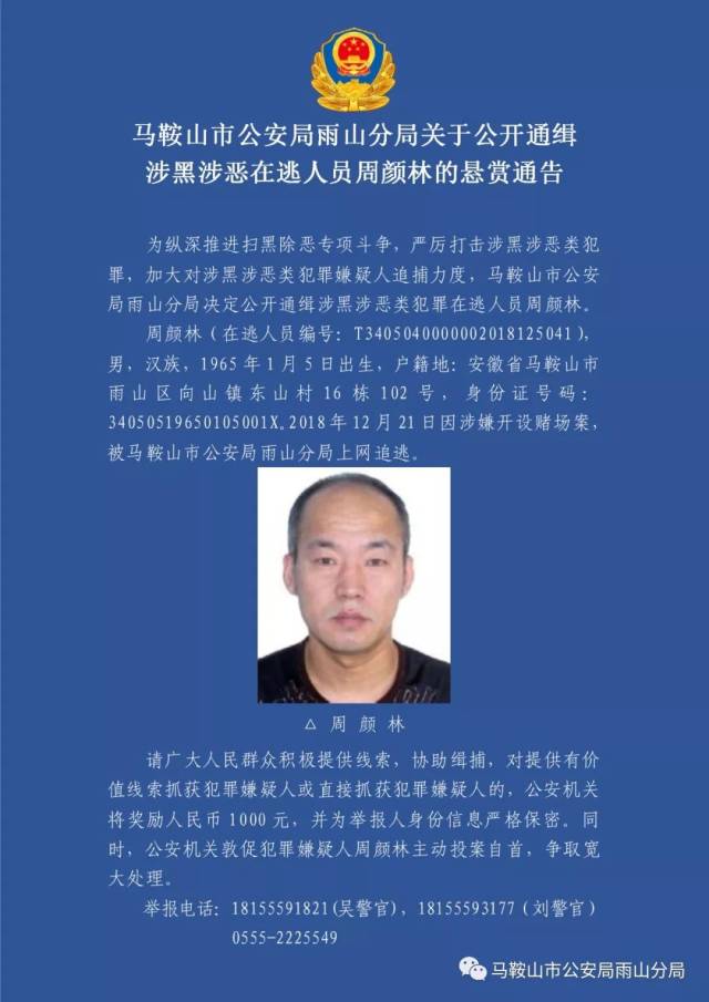 马鞍山市公安局关于公开通缉涉黑涉恶在逃人员周颜林的悬赏通告