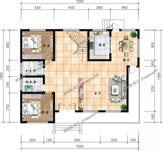 15x12米二层房屋设计图纸 带旋转楼梯 造价40万以内