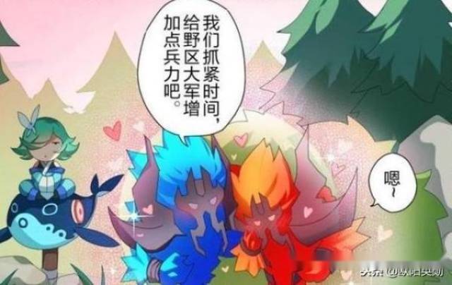 王者漫画花木兰躲草丛看红蓝buff生小野怪,铠害羞的和她说