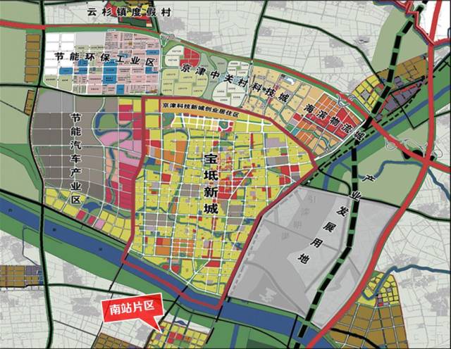 宝坻新城 宝坻南站片区定位为宝坻的新门户,交通枢纽,绿色生态创新型
