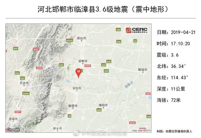 邯郸今日发生3.6级地震,震中距磁县6公里,临漳17公里
