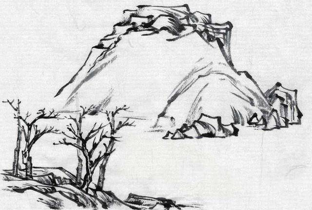 用枯墨勾勒出树后面的近山的形态,并注意丰富山顶的细节,使画面有