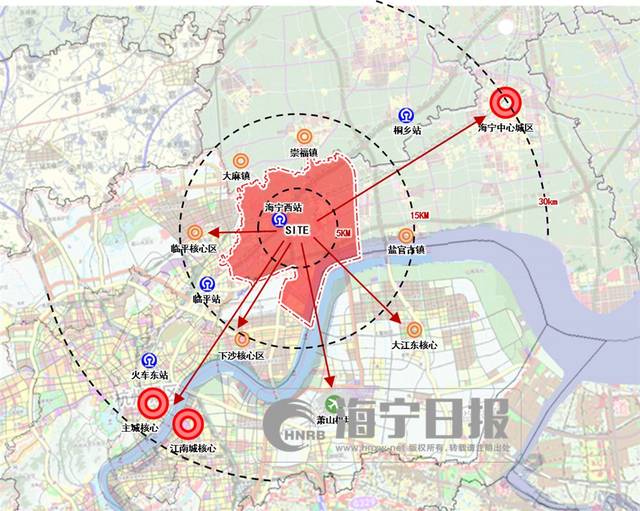 3个圈层●核心圈层(5km内:以海宁西站,杭海城际轨道站点为