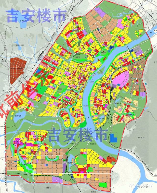 上面这幅图是吉安的城市总体规划,我们需要明白两个重要的颜色.
