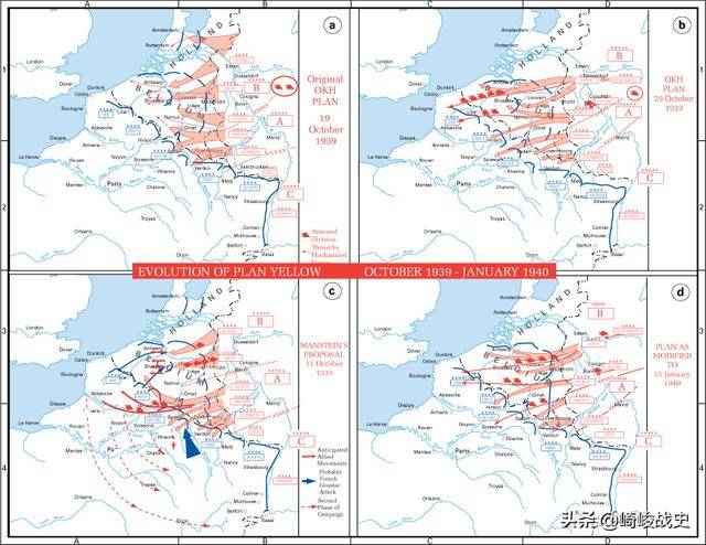 德国进攻西欧的"黄色"方案的演变,右下角就是曼施坦因计划.