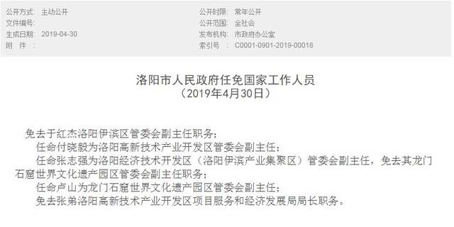 洛阳市人民政府任免国家工作人员(2019年4月30日 任命 付晓毅为洛阳