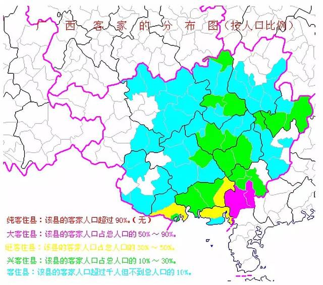 广西客家的分布图(按人口比例)广西客家主要分布在靠近广东的地区