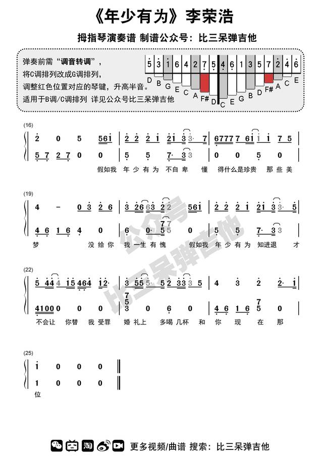 拇指琴简谱&演奏谱《年少有为》李荣浩 卡林巴琴谱